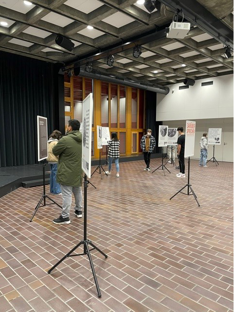 Die Aula der Oberschule Eschen ermöglichte eine den Corona-Schutzbestimmungen entsprechende Arbeit mit der Ausstellung. (Quelle: Benjamin Koeck)